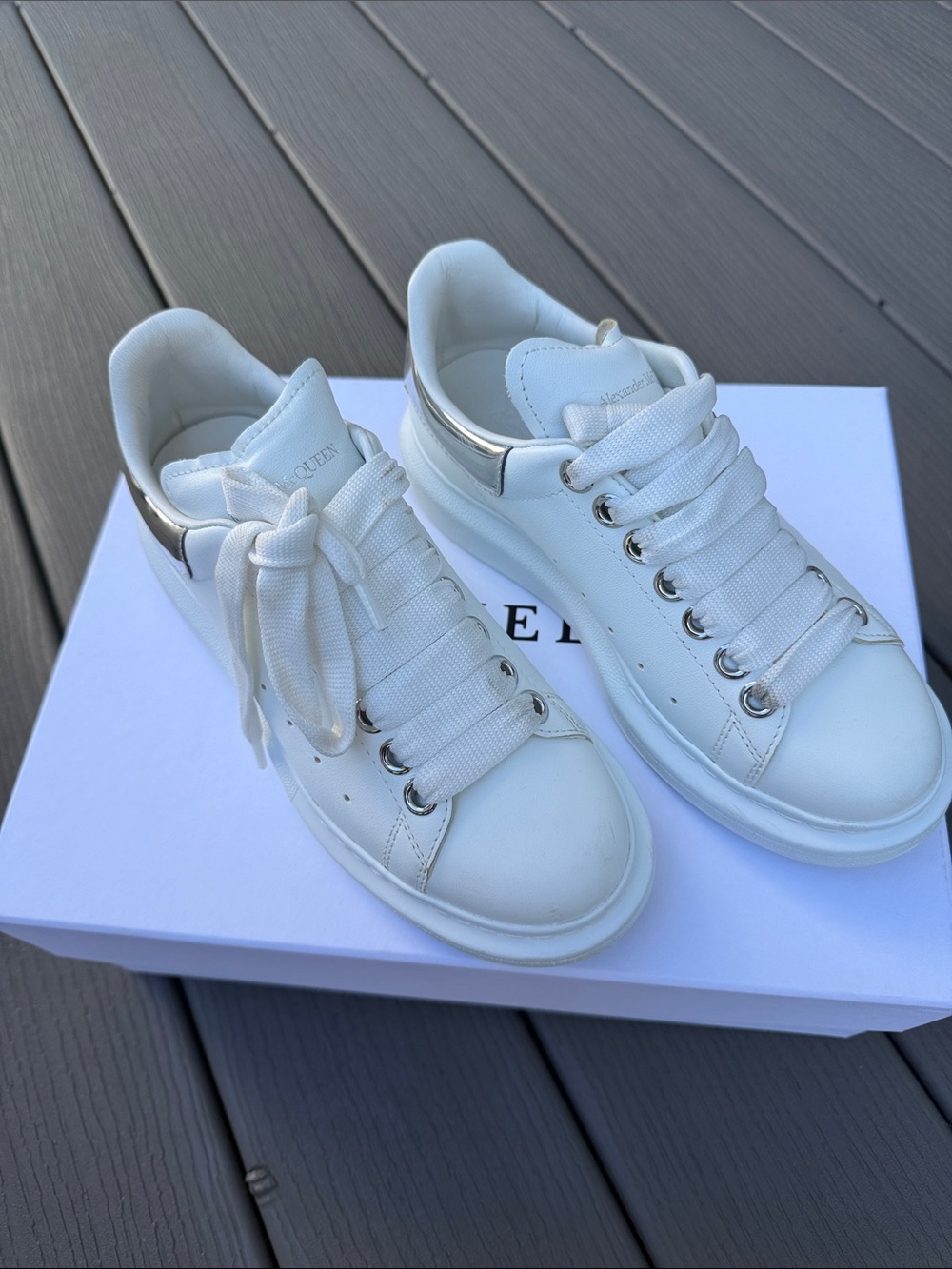 Alexander McQueen White Leather Platform Sneakers with Silver Heel Tab